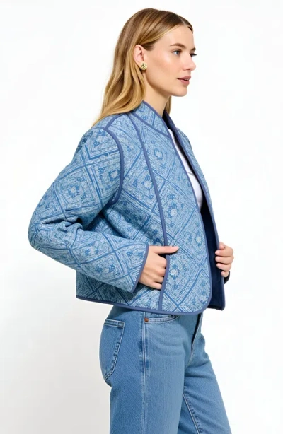 Modenaire Diamond Pattern Quilted Jacket With Piped Trim And Open Front In Blue
