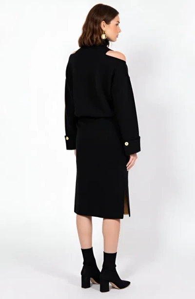 Modenaire Asymmetric Turtleneck Pullover And Button-front Slit Skirt Set In Black