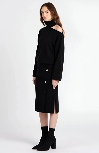Modenaire Asymmetric Turtleneck Pullover And Button-front Slit Skirt Set In Black