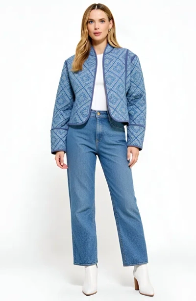 Modenaire Diamond Pattern Quilted Jacket With Piped Trim And Open Front In Blue