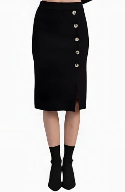 Modenaire Asymmetric Turtleneck Pullover And Button-front Slit Skirt Set In Black