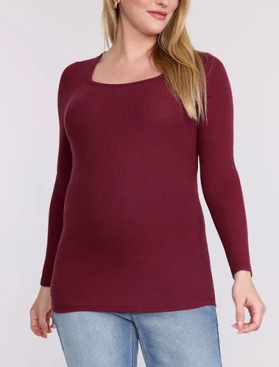 Motherhood Maternity Square Neck Rib Knit Long Sleeve Tee In Burgundy