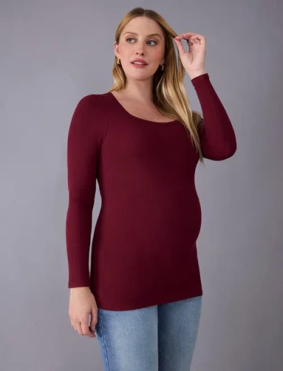 Motherhood Maternity Square Neck Rib Knit Long Sleeve Tee In Burgundy