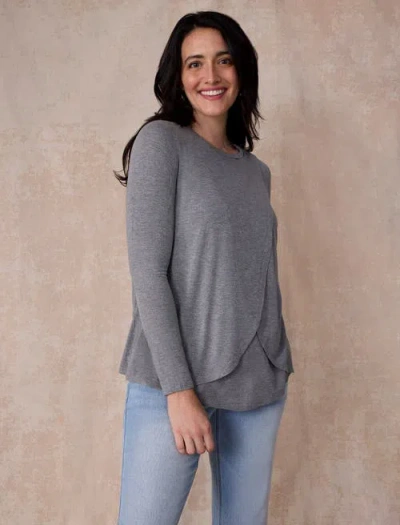 Motherhood Maternity Crewneck Long Sleeve Draped Nursing Tee In Gray