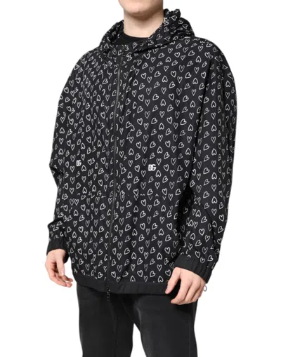 Dolce & Gabbana Black Heart Print Hooded Windbreaker Jacket In Black