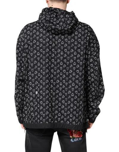 Dolce & Gabbana Black Heart Print Hooded Windbreaker Jacket In Black