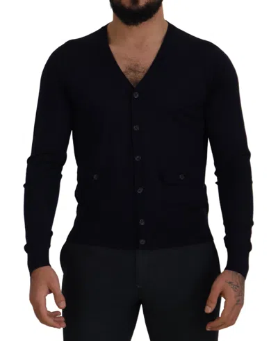 Dolce & Gabbana Blue Wool Staff Down Cardigan Sweater In Black