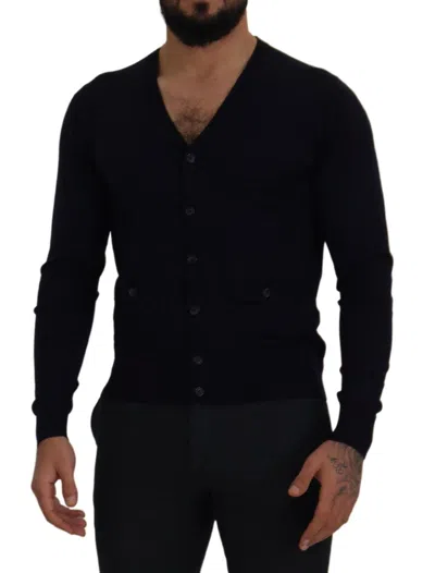 Dolce & Gabbana Blue Wool Staff Down Cardigan Sweater In Black