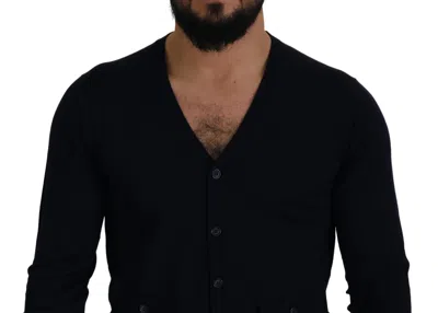 Dolce & Gabbana Blue Wool Staff Down Cardigan Sweater In Black