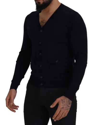 Dolce & Gabbana Blue Wool Staff Down Cardigan Sweater In Black