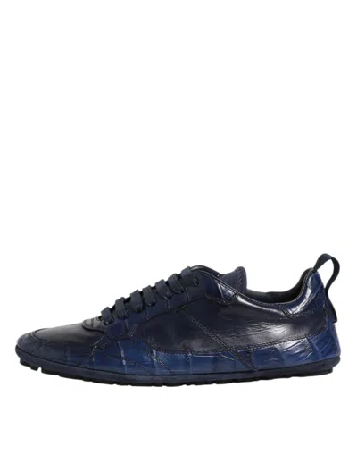 Dolce & Gabbana Dark Blue Leather Low Top Men Sneakers Men's Shoes In Blue