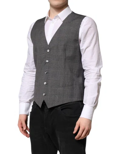 Dolce & Gabbana Gray Plaid Wool Formal Dress Waistcoat Men's Vest In Gray