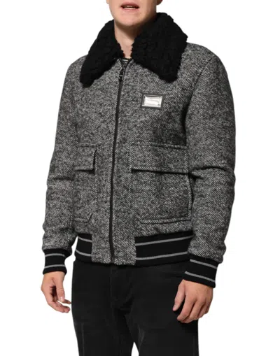 Dolce & Gabbana Gray Wool Herringbone Shearling Collar Bomber Jacket In Gray