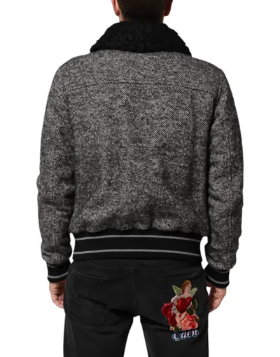 Dolce & Gabbana Gray Wool Herringbone Shearling Collar Bomber Jacket In Gray