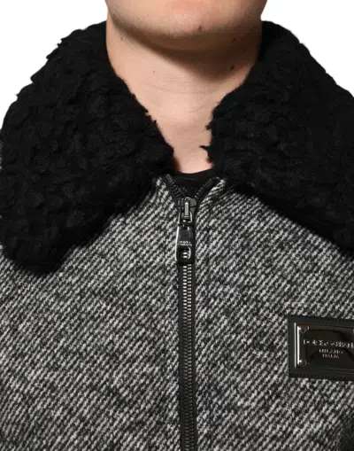 Dolce & Gabbana Gray Wool Herringbone Shearling Collar Bomber Jacket In Gray