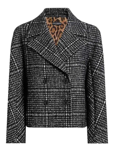 Dolce & Gabbana Short Double-breasted Checked Coat Dolce E Gabbana In Gray