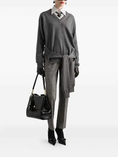 Dolce & Gabbana Virgin Wool Jacquard Slim Trousers In Gray