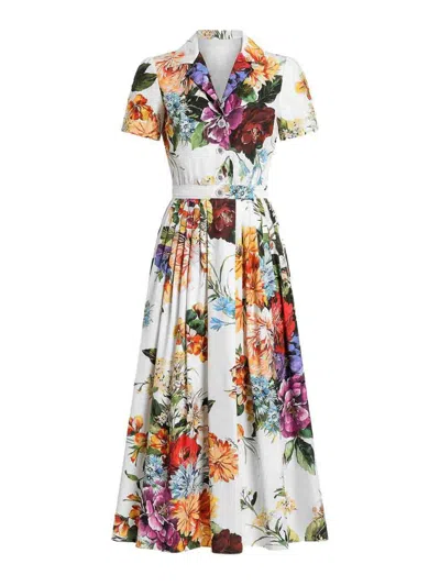 Dolce & Gabbana Midi Poplin Dress With Flower Bouquet Print Dolce E Gabbana In Multi