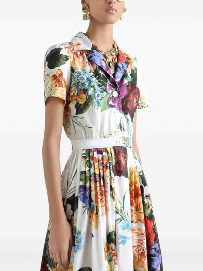 Dolce & Gabbana Midi Poplin Dress With Flower Bouquet Print Dolce E Gabbana In Multi