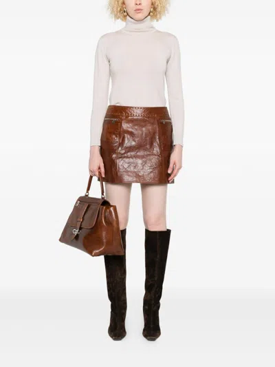 Ermanno Scervino Leather Miniskirt With Zip Pockets In Brown