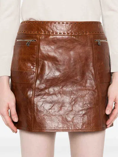 Ermanno Scervino Leather Miniskirt With Zip Pockets In Brown