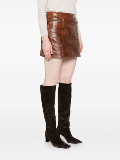 Ermanno Scervino Leather Miniskirt With Zip Pockets In Brown