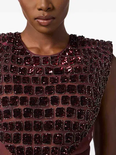 Elisabetta Franchi Fitted Midi Dress With Glossy Embellishments In Brown