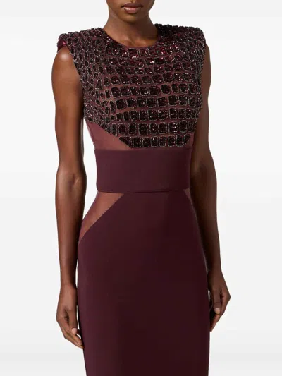 Elisabetta Franchi Fitted Midi Dress With Glossy Embellishments In Brown