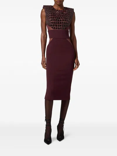 Elisabetta Franchi Fitted Midi Dress With Glossy Embellishments In Brown