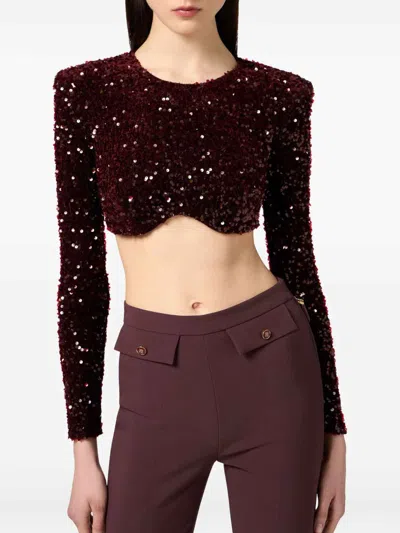 Elisabetta Franchi Cropped Long-sleeved Top With Scalloped Hem In Brown
