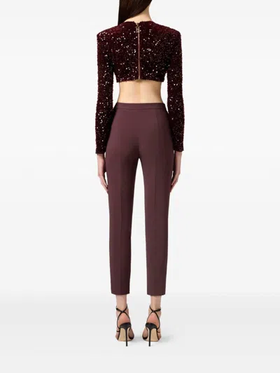 Elisabetta Franchi Cropped Long-sleeved Top With Scalloped Hem In Brown