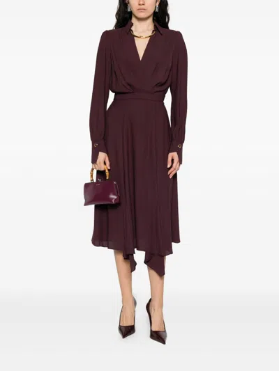 Elisabetta Franchi Bordeaux Midi Dress With Deep V-neck In Brown