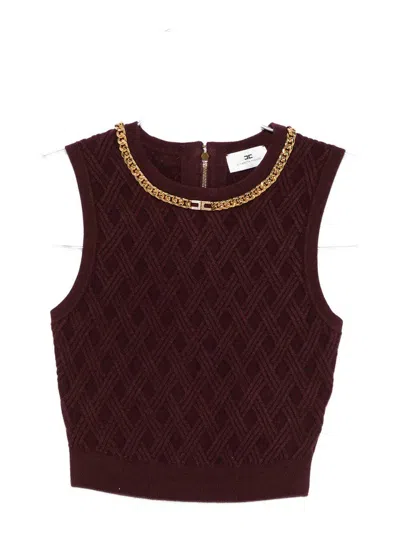 Elisabetta Franchi Cropped Sleeveless Sweater Gold Chain Detail In Burgundy