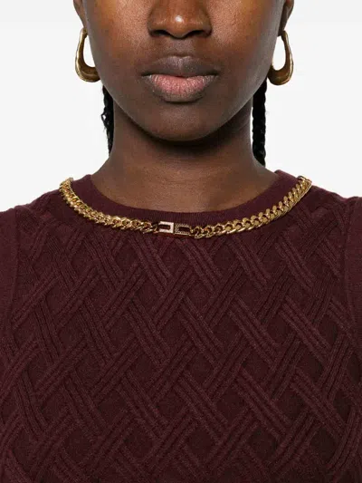 Elisabetta Franchi Cropped Sleeveless Sweater Gold Chain Detail In Burgundy