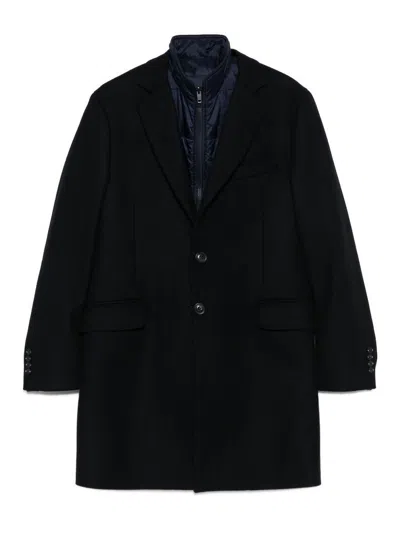 Fay Layered Navy Blue Coat With Button Fastening And Flap Pockets In Blue