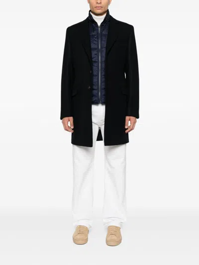 Fay Layered Navy Blue Coat With Button Fastening And Flap Pockets In Blue