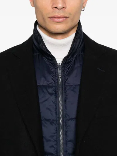 Fay Layered Navy Blue Coat With Button Fastening And Flap Pockets In Blue