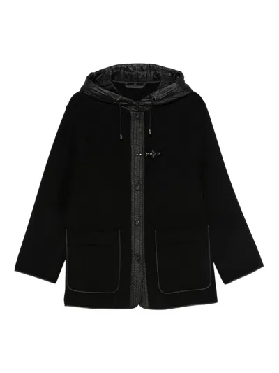 Fay Straight Silhouette Short Coat With Quilted Hood In Black