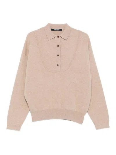 Jacquemus Polo Collar Knitwear With Ribbed Cuffs And Hem In Neutral