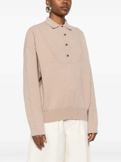 Jacquemus Polo Collar Knitwear With Ribbed Cuffs And Hem In Neutral