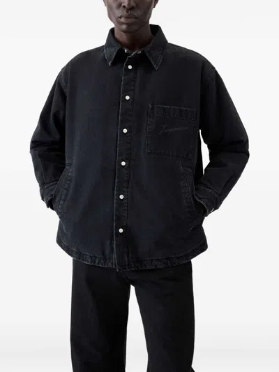 Jacquemus Virgin Wool Long-sleeve Shirt With Embroidered Logo In Black