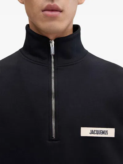 Jacquemus High Neck Zip Sweatshirt With Logo Detail And Gathered Cuffs In Black