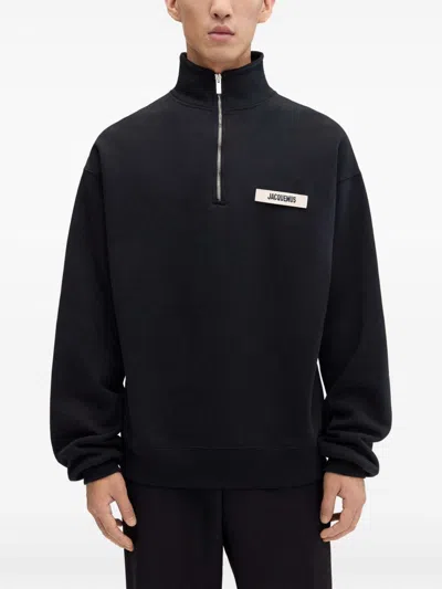 Jacquemus High Neck Zip Sweatshirt With Logo Detail And Gathered Cuffs In Black