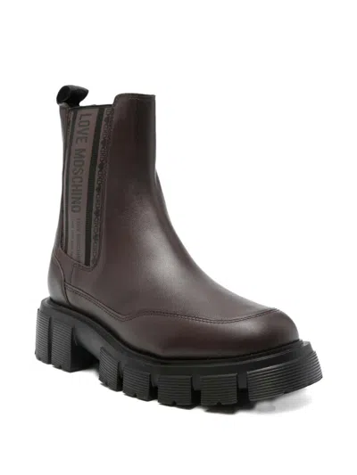 Love Moschino Brown Calfskin Ankle Boots  In Brown
