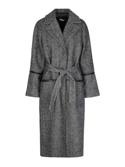 Liu •jo Herringbone Pattern Coat With Sequin Embellishments And Belted Waist In Gray