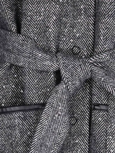 Liu •jo Herringbone Pattern Coat With Sequin Embellishments And Belted Waist In Gray