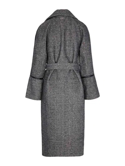 Liu •jo Herringbone Pattern Coat With Sequin Embellishments And Belted Waist In Gray