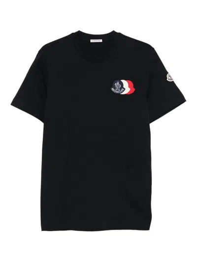 Moncler Blue T-shirt With Embroidered Tricolor Logo In Black