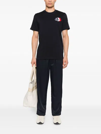 Moncler Blue T-shirt With Embroidered Tricolor Logo In Black