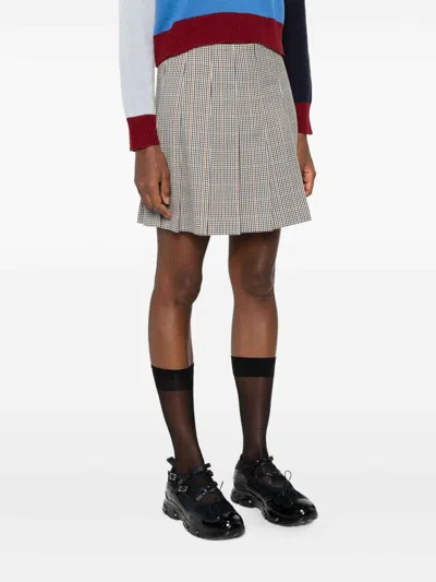 Msgm White Pleated Mini Skirt With Checkered Pattern In Gray